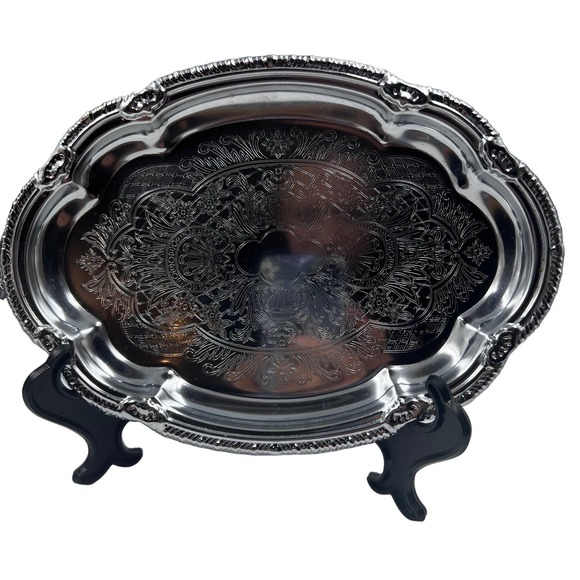 Vintage Set Three Silver Tone Trays Etched Decorative Stacking MidCentury - Picture 2 of 9